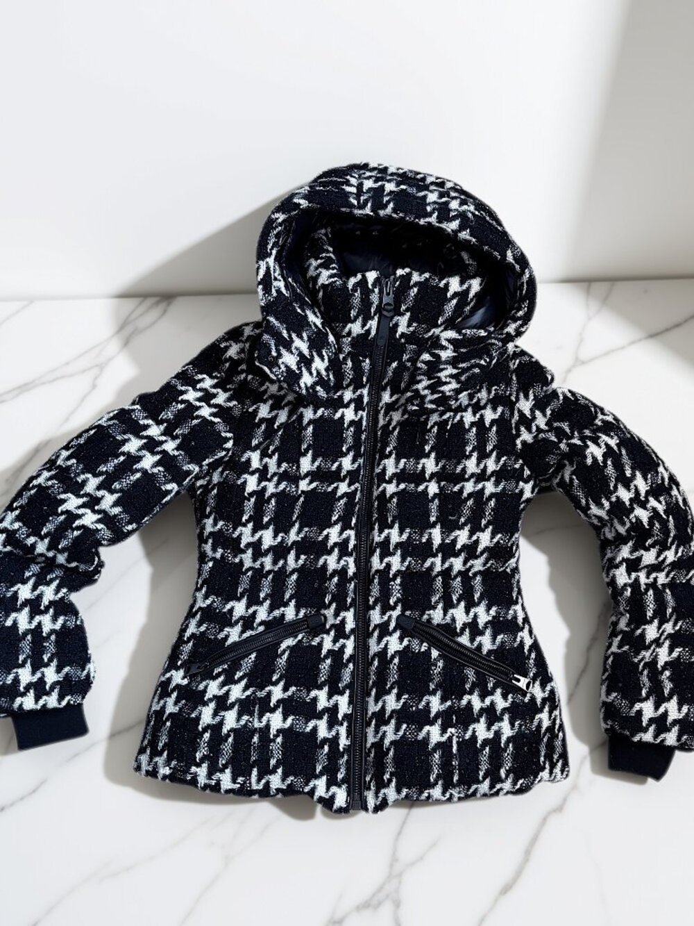 Mackage Madalyn Houndstooth Tweed Down Jacket Removable Hood Black White Metalli - Picture 3 of 13